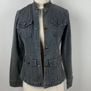 She's Cool Fitted Denim Jacket Pockets Mandarin Collar Button Front Dark Wash SM